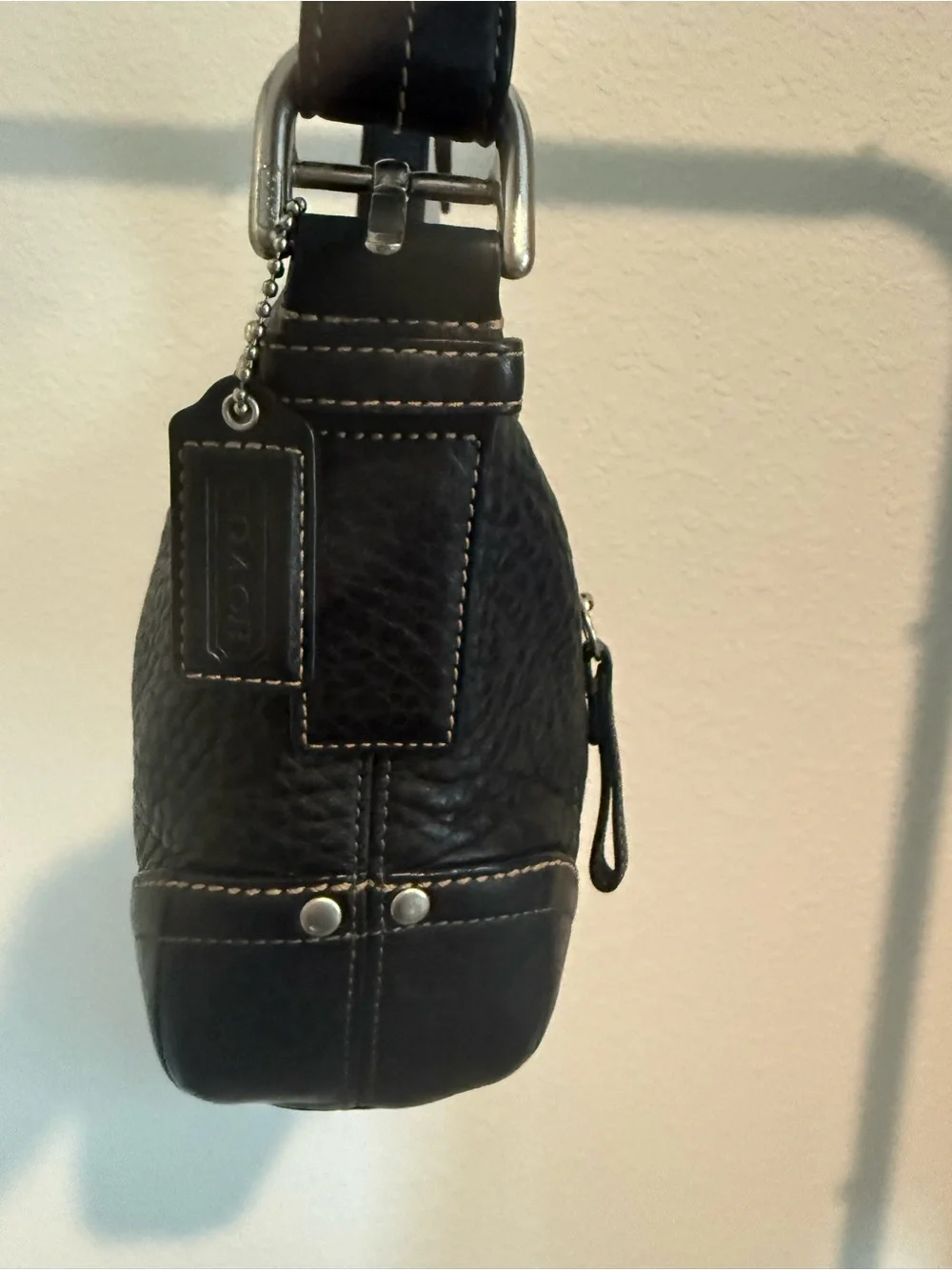 Coach F12321 Black Pebbled Leather Shoulder Bag with Silver Hardware